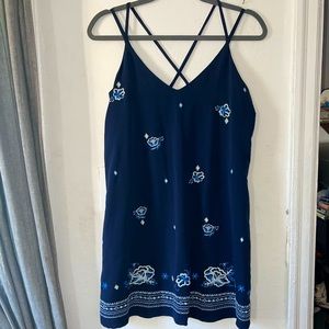 Xhilaration mini straight navy blue dress with embroidered flowers scattered.